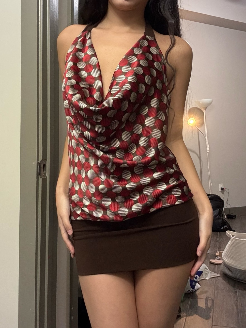 Red and Silver Polka Dot Cowl Neck Halter Top Mini Dress